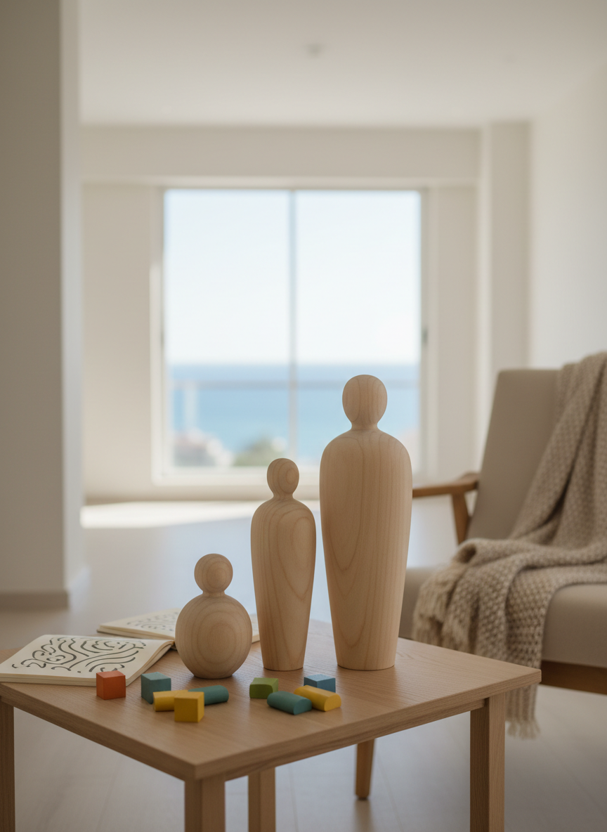 A symbolic representation of child, adolescent, and adult counseling without showing any people: three different-sized, smooth wooden figures in natural tones stand on a light oak table, each figure crafted with simple rounded shapes and subtle grain. Around them, softly colored building blocks, an open notebook with indistinct writing, and a neutral-toned throw blanket on a nearby armchair suggest family and life stages. The room is bright and airy, with pale walls and a glimpse of the sea and Alanya’s coastline through a distant window. Soft, diffused daylight creates a gentle, hopeful mood. Photographed at table height using the rule of thirds, with shallow depth of field that keeps the figures sharp while the background melts into a soothing blur.